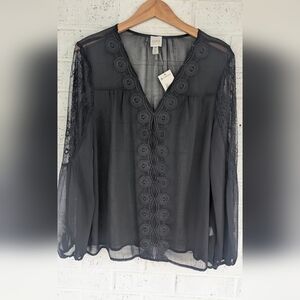 Cupio Black Lace-Trim Sheer Blouse